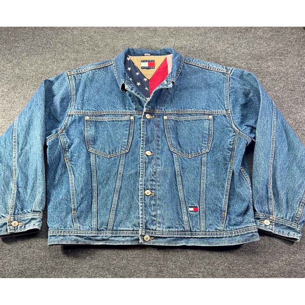 Tommy Hilfiger Denim Jacket XL Blue American Flag Lining Vintage Trucker